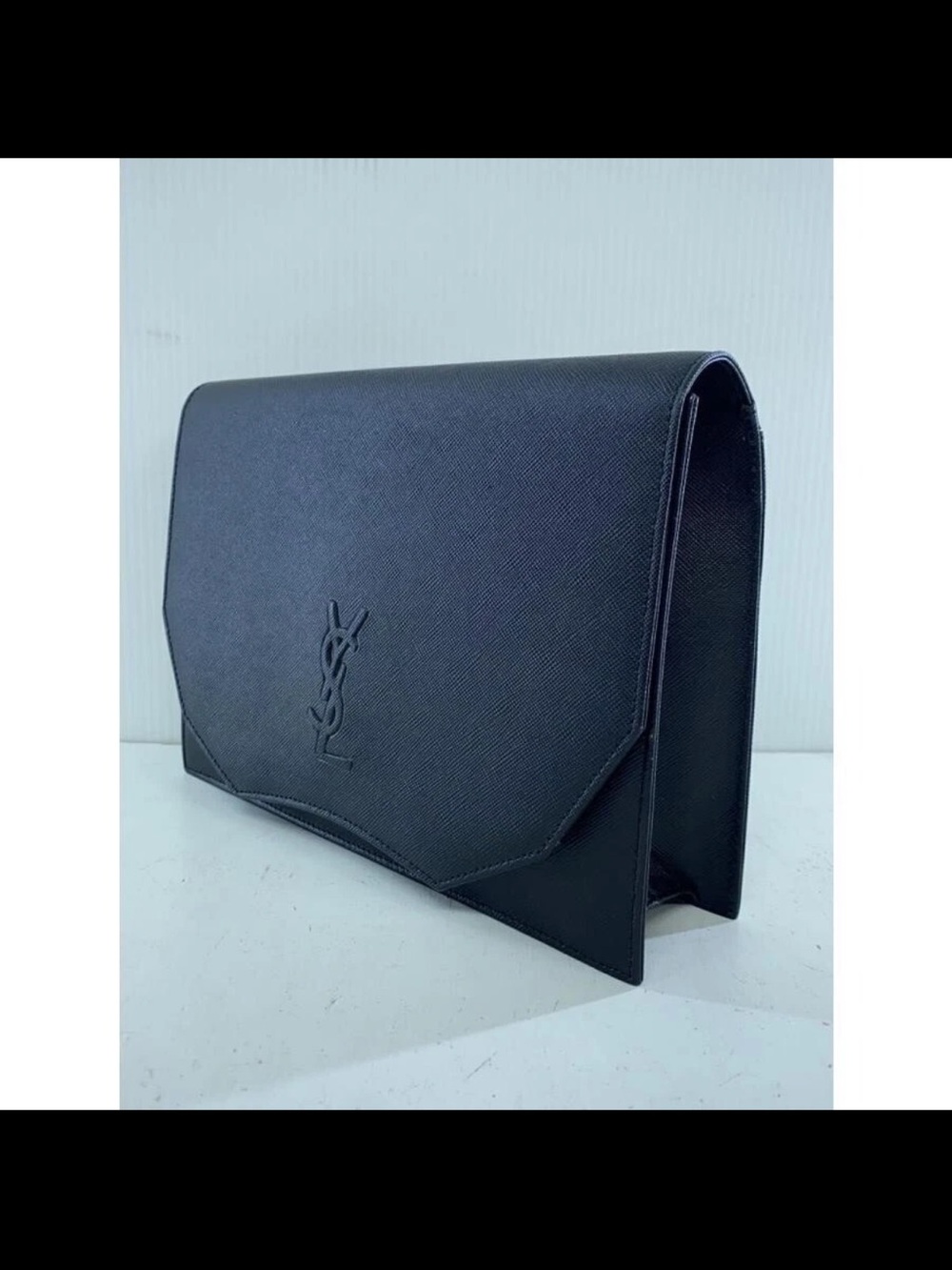 Yves Saint Laurent Black Textured Envelope Clutch with Embossed Logo